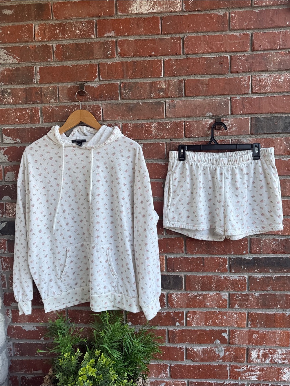 Forever 21 Cream Hooded Pullover Sweater and Short Set with Pink Floral Print